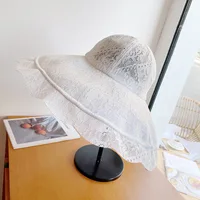 New Wide Brim Sun Hat Women Lace Hat Summer White Black Lace Party Wedding Packable Beach Hat 4