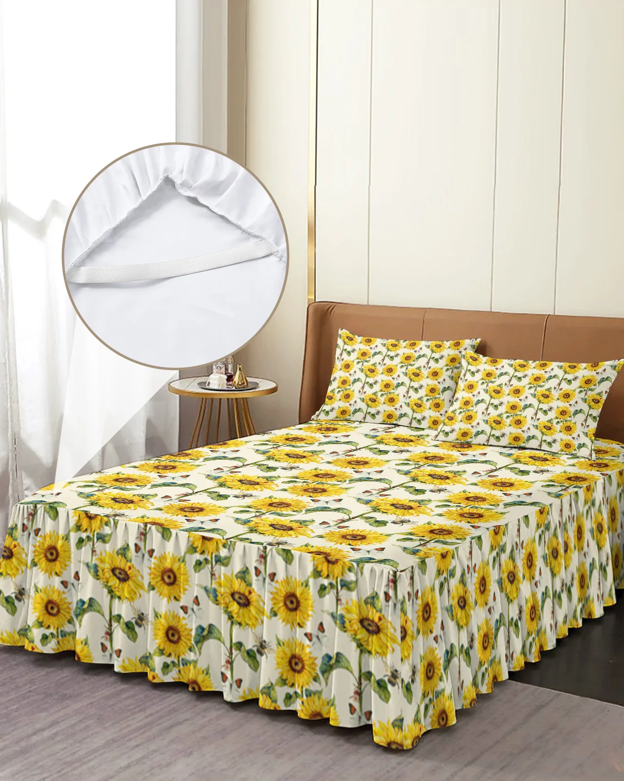 

Sunflower Flower Bee Butterfly Bed Skirt Elastic Fitted Bedspread With Pillowcases Mattress Cover Bedding Set Bed Sheet