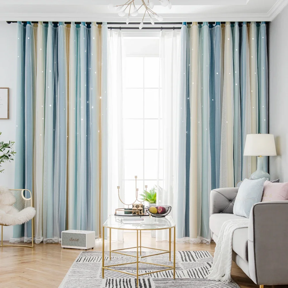 Ahoyikaa Shiny Hollow Stars Double Blackout Curtains Gradient Color Cloth White Sheer Yarn For Living Room Bedroom Decoration 6