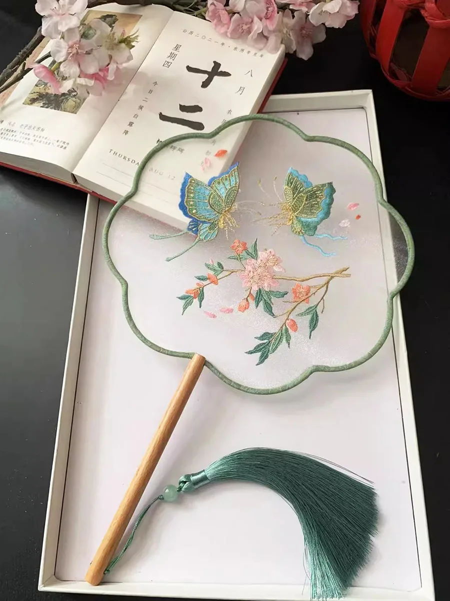Chinese Style Embroidery Tassel Circular Fan, Double-Sided, Antique Dance Fan, Female Cheongsam, Tassel, Long Handle, Hanfu