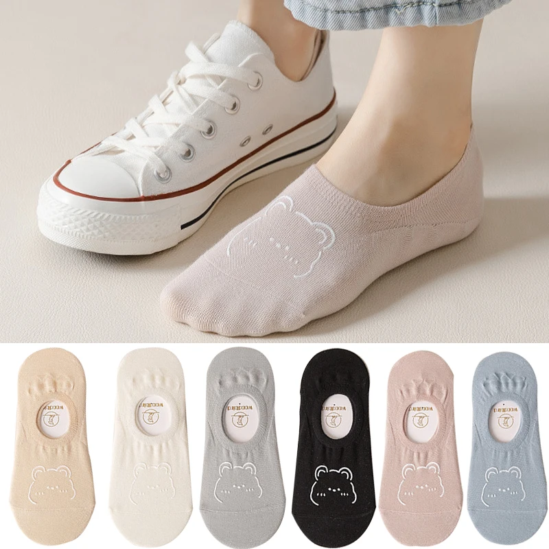 5 Pairs New Kawai Women Socks Summer Cute Japanese Fashion Cartoon Bear Funny Socks Soft Cotton Short Non-slip Invisible Socks 5 pairs women silicone non slip invisible socks summer solid color mesh ankle boat socks female cotton slipper no show socks