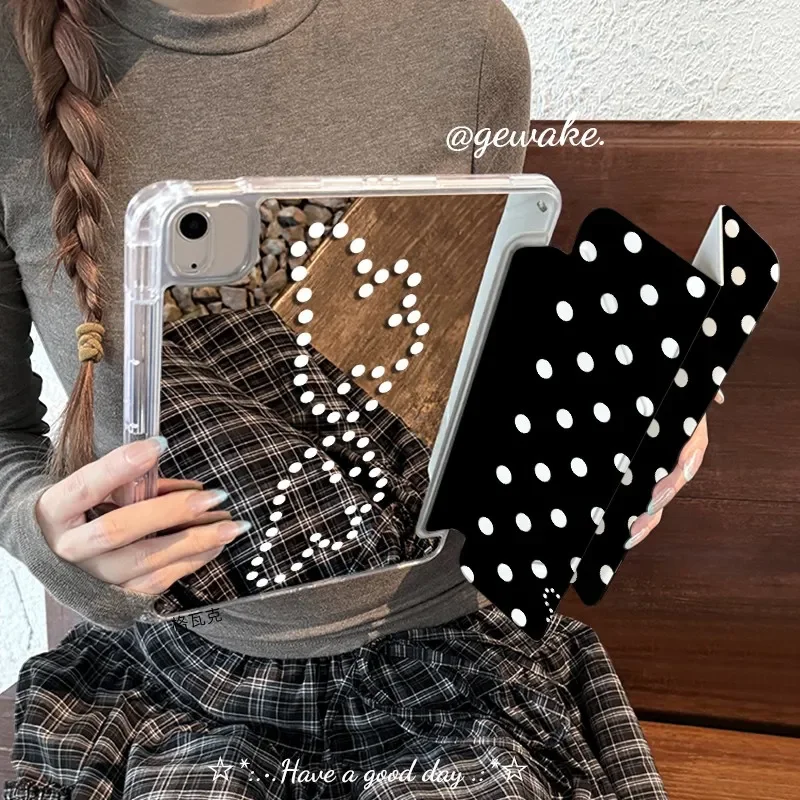 Polka Dot Angel Wing Mirror Tablet Case with Pen Holder and Smart Folded Edge Design
