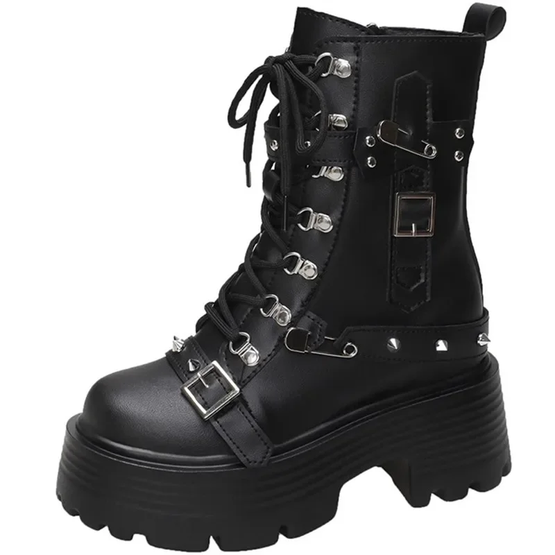 

New Women Leather Punk Boots High Platform Chunky Sneakers Autumn 9CM Wedge Heels Mid-Calf Boots Woman Winter Motorcycle Boots