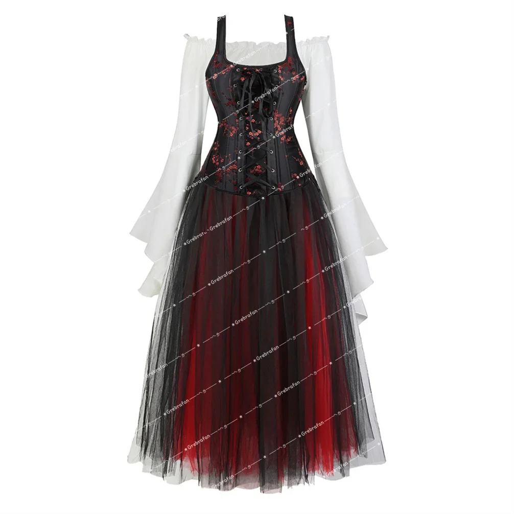 Women Wedding Corsets Evening Party Corset Dress and Shirt Set Floral Bustiers Strap Overbust Lace Up Corsage Halloween Costumes