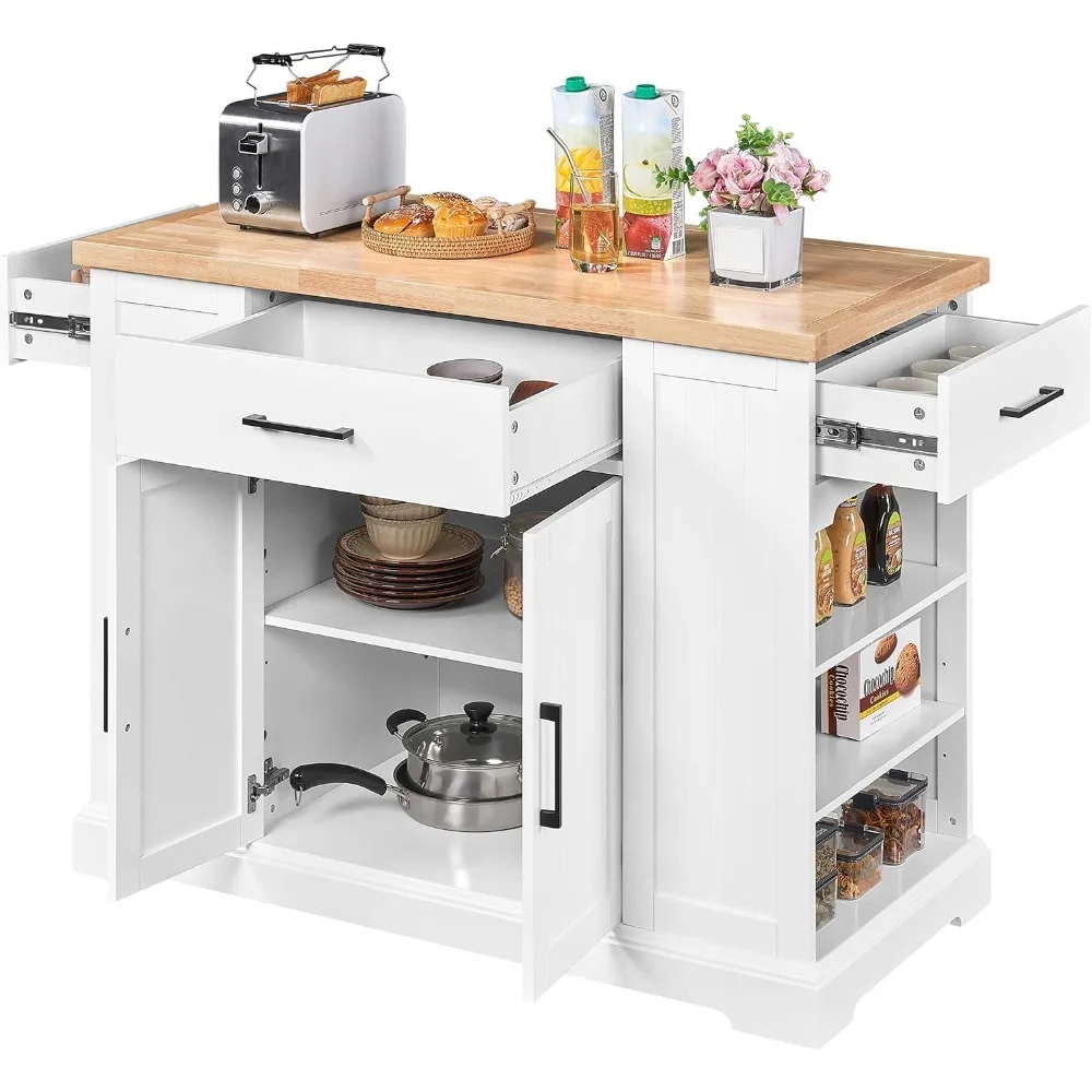 Rolling Kitchen Island Cart with 3 Drawers, Kitchen Storage Cabinet on Wheels with Open Shelves and Inner Adjustable Shelves