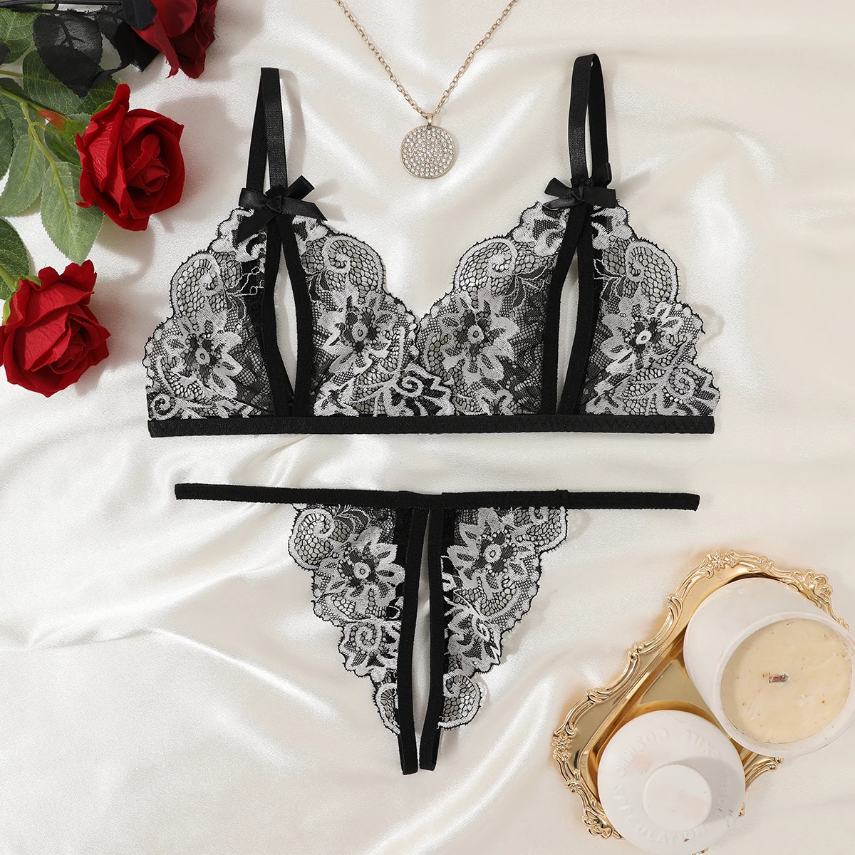 Hollow Out Lace Nightgown See Through Bra Push-up Embroidery Transparent Adult Lingerie