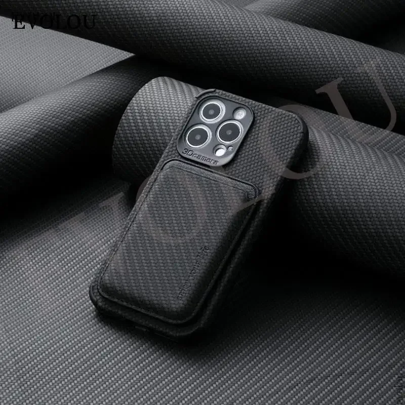 Premium Wireless Charging MagSafe Leather Case with Magnetic Card Slot and Carbon Fiber Design