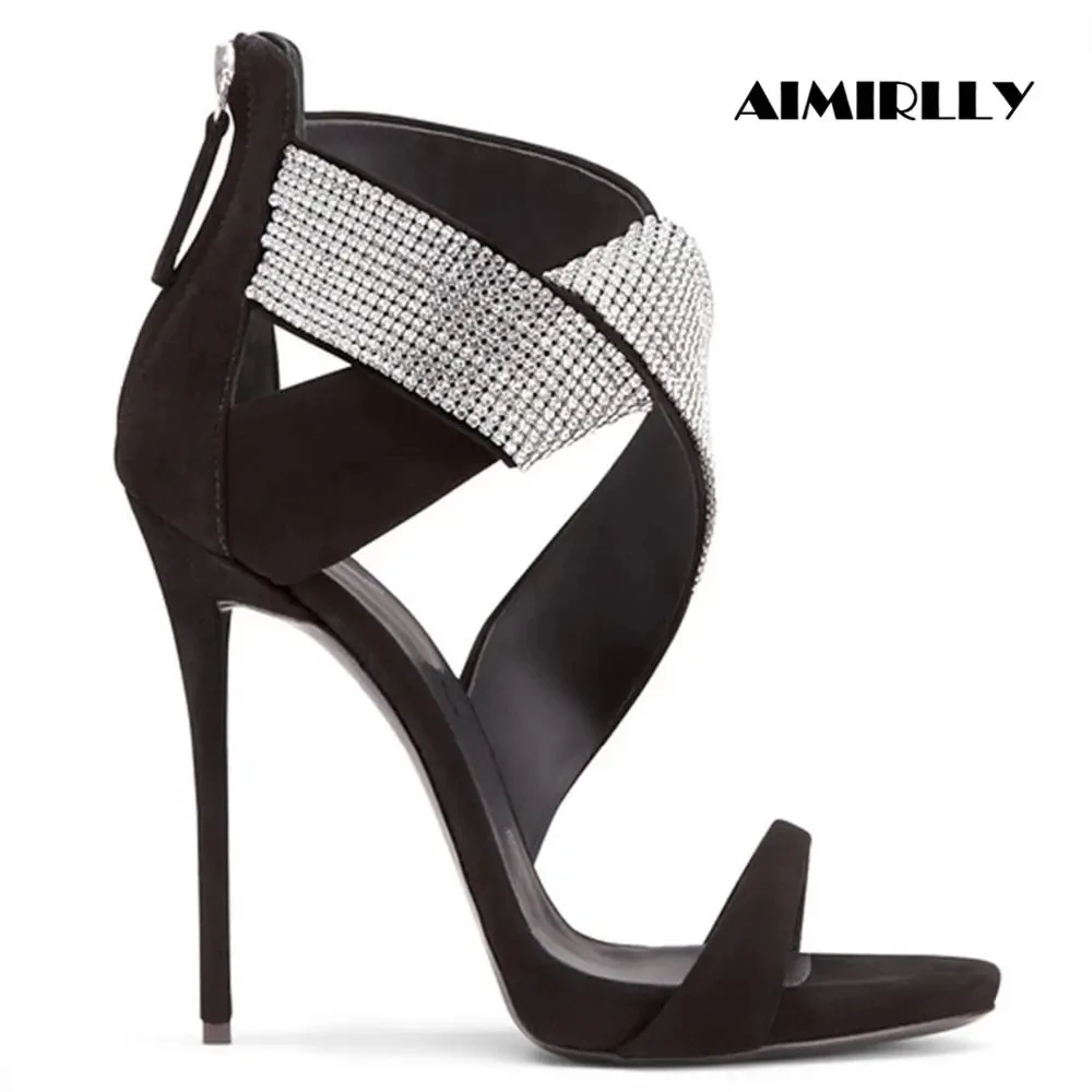 Женские босоножки с открытым носком, обувь на высоком каблуке, ремешок с кристаллами, на шпильке, с молнией сзади, вечерняя женская обувь