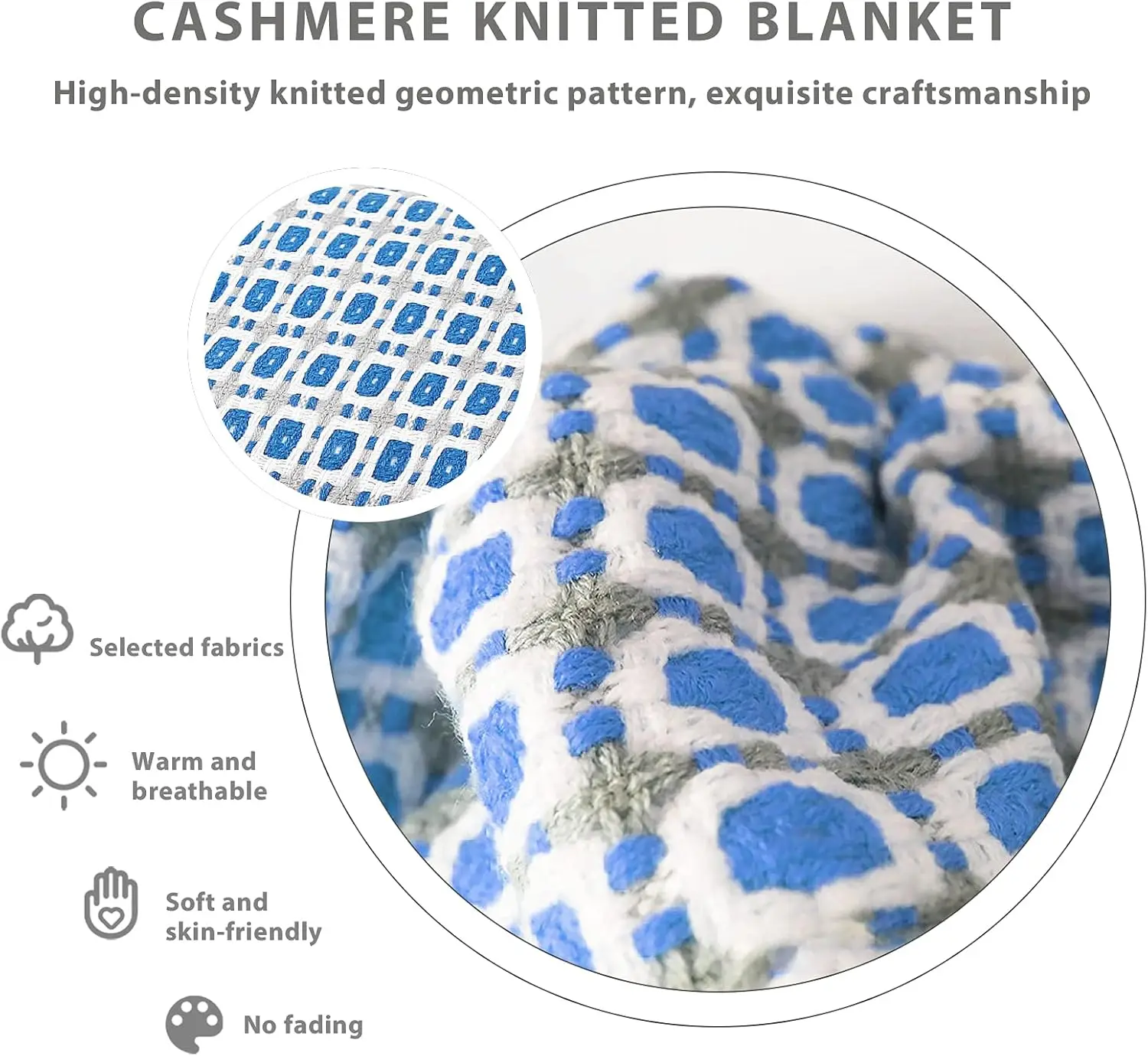 Boho Blue Knitted Throw Blanket with Tassels – Cozy Farmhouse Decor and Gift