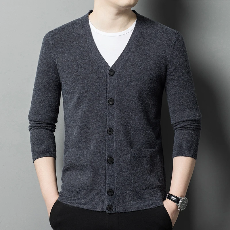 

Wool 5.8% Knitted Cardigan Men's Autumn New Single-Breasted V-neck Korean Style Casual Sweater Solid Color Coat Men