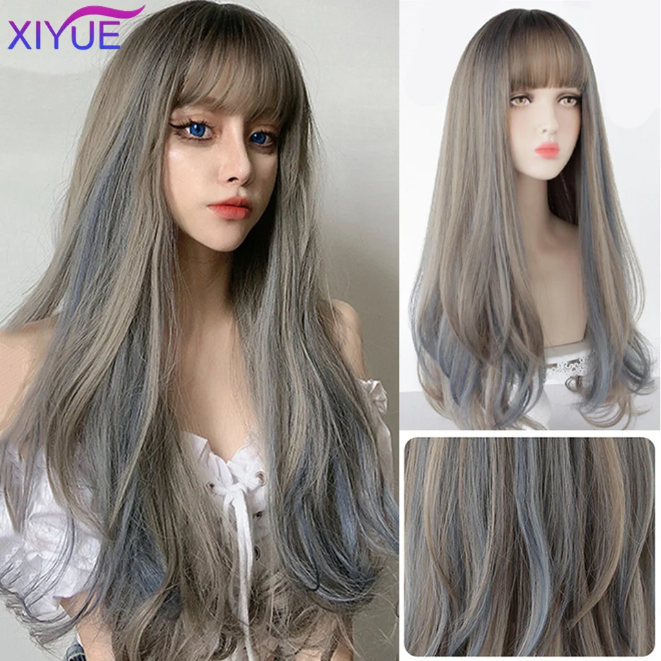 XIYUE 긴 스트레이트 곱슬 레드 핑크 블루 가발 (앞머리 포함), 합성 머리 가발, 여성용 가발, 내열성 코스프레 가발|합성 ...