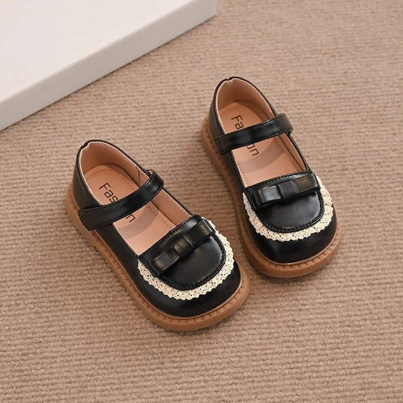 Girls Princess Shoes Soild Color Kids Leather Shoes Sweet Lace New Fashion Children Flat Soft Sole Round Toes Cute