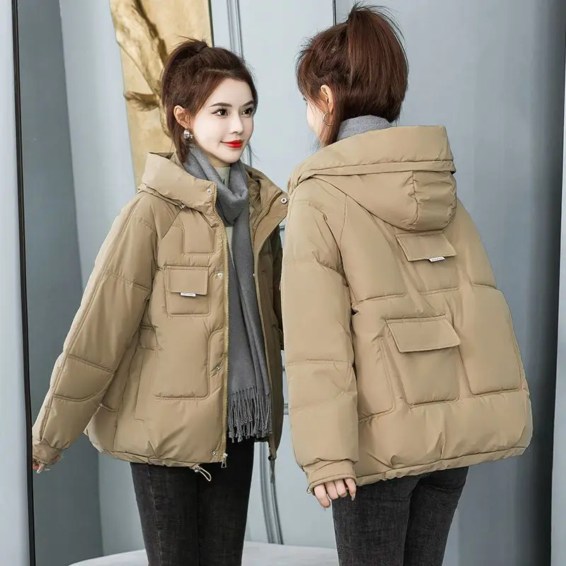 

2023 New Winter Short Women's Down Cotton Jacket Hooded Loose Keep Warm Coat Commute Grace Khaki Pink White Parkas Women Korean