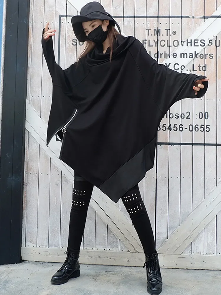 Loose Fit Black Zipper Irregular Casual Sweatshirt New Long Sleeve Women Fashion Tide Spring Autumn 2023