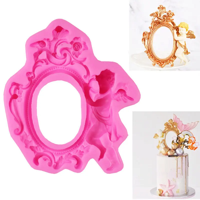 

3D Retro Angel Mirro Photo Frame Silicone Mold DIY Pastry Fondant Jelly Candy Chocolate Cake Decorating Baking Tools Resin Mould