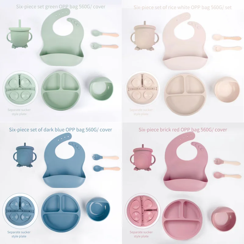 Food Grade Silicone Feeding Set Drop Resistant Suction Cup Integrated Divider Plate Bowl Fork Spoon Bib Cup Auxiliary Food Bowl 6 PCS silicone feeding set