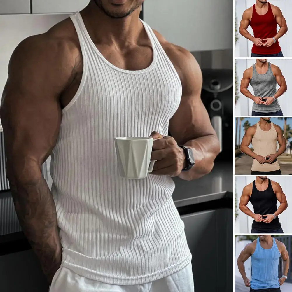 Tank Top Casual Men Bodybuilding Clothing Fitness O-Neck Sleeveless Racerback Vest Summer Ribbed Solid Color Male Breathable