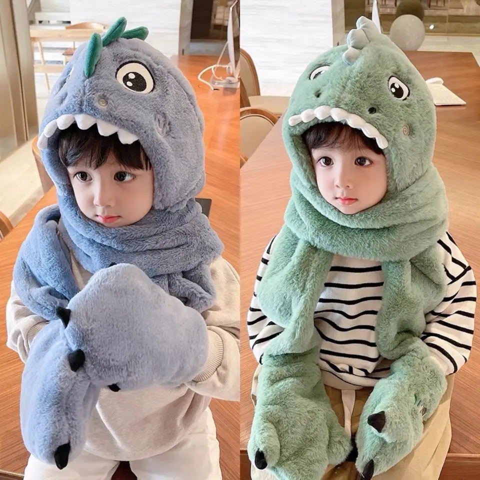 Children's Hat Winter Boys and Girls Baby Winter Warm Cute Dinosaur Plush Neck Scarf One Piece Set
