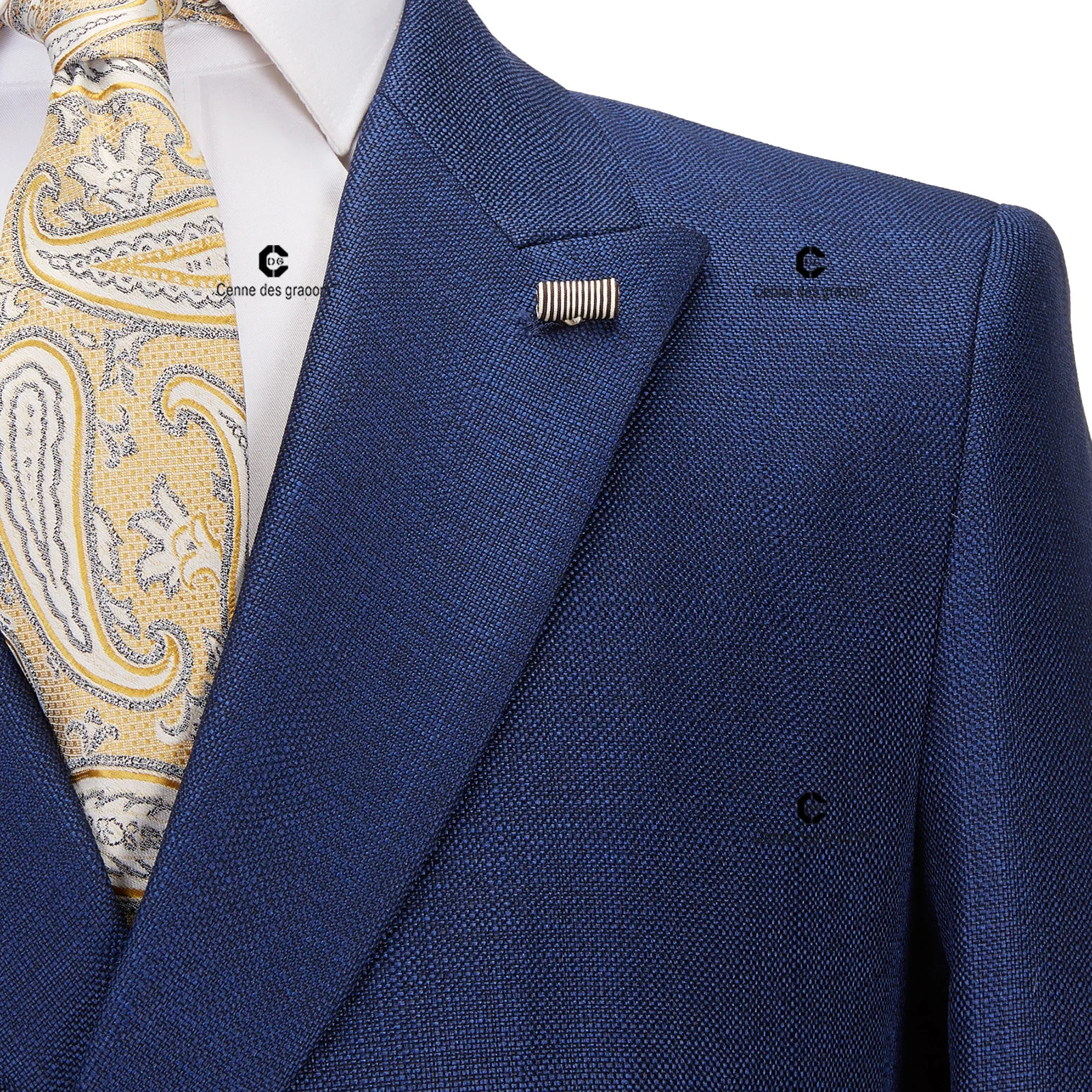 Cenne Des Graoom New Vintage Blue Suits for Men Chinese Knot Button Single Breasted Peak Lapel Jacket and Pants 2 Pcs Set Office 2