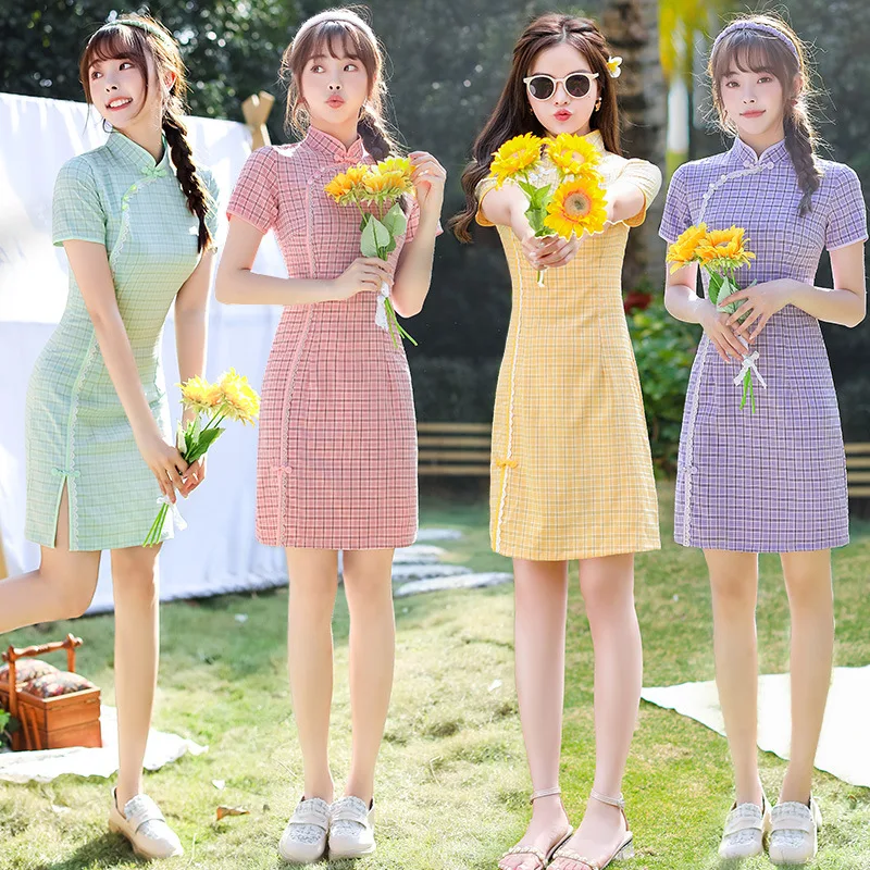 

2023 Spring Chinese Sweet Girls Dress Grid Pattern Women Modern Qipao