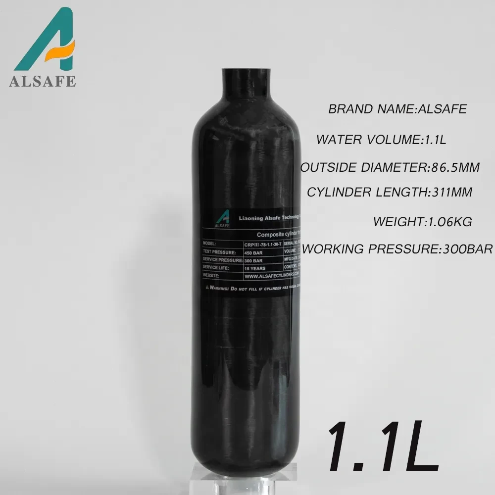 ALSAFE 4500Psi 300Bar 30Mpa 1.1L Carbon Fiber Cylinder Mini Scuba Bottle High Pressure Tank for Firefighting M18*1.5