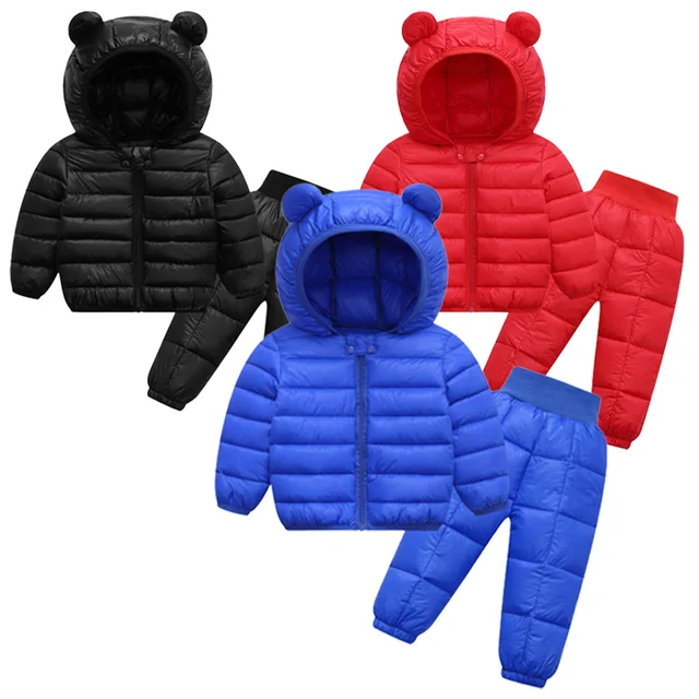 Autumn winter children clothing set baby boys girls cotton hooded down jacket pants pcs for kids
