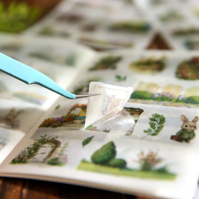 힐링 풍경 스티커, 동화 정원 시리즈, 토끼집과 꽃 장면, DIY 저널 장식 재료