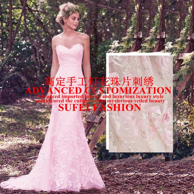 

handmade quality 130cm wide fresh water pink appique embroideried beading net lace wedding dress cheongsam fabric S178