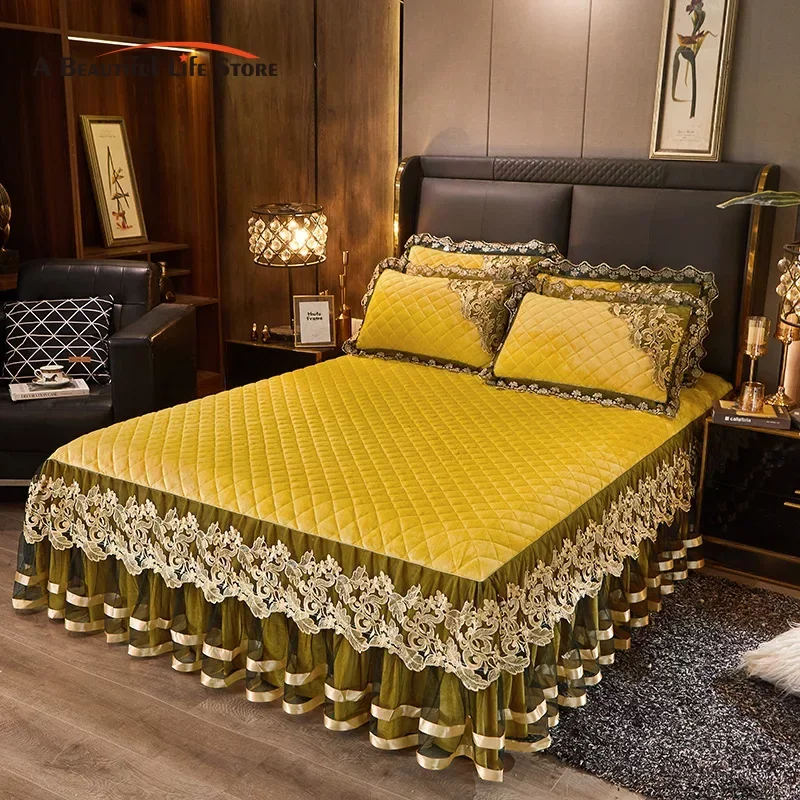 

Luxury Gold Yellow Crystal Velvet Lace Ruffles Bedspread, Quilted Embroidery Bed Skirt, Mattress Cover, Bed Sheet, Pillowcases