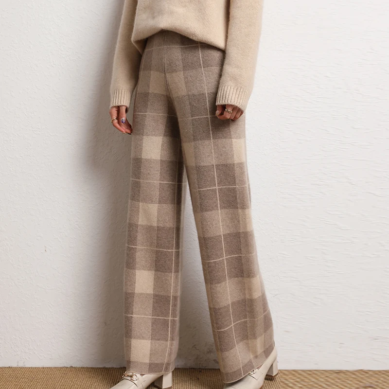 

2023 Autumn and Winter New Women 100% Cashmere Pants Soft Comfortable High-Waist Knitted Female Thicken Fashion Wide Leg Pants
