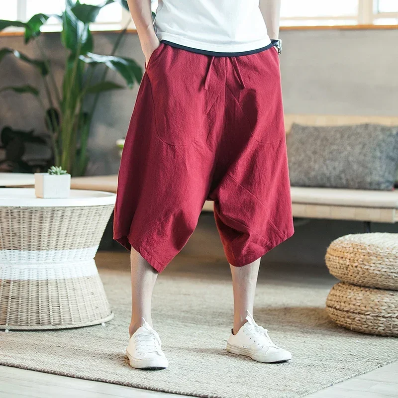 Men's Casual Harun Pants Loose and Wide Leg Capris Vintage Chinese Ethnic Style Big Pants Oversized Beach Men's Summer Pants