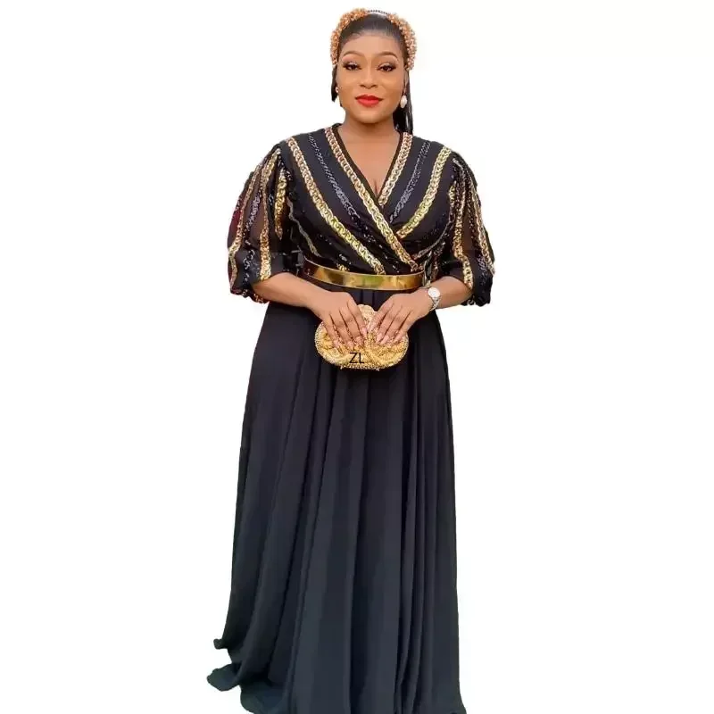 

2024 African Dresses for Women Spring Elegant Plus Size Evening Party Long Dress Africa Clothing Kaftan Muslim Chiffon Dress