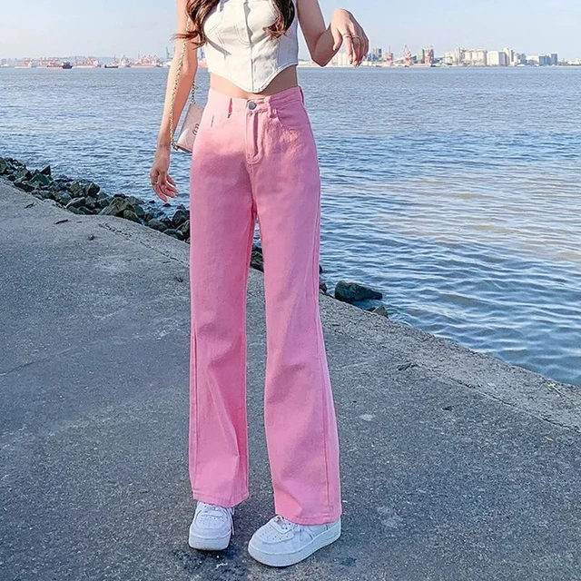 Hot Pink Pants Jeans y2k Baggy Women Straight Leg Denim Streetwear High  Waist Women's Loose Pants Clothing Fashion 2022