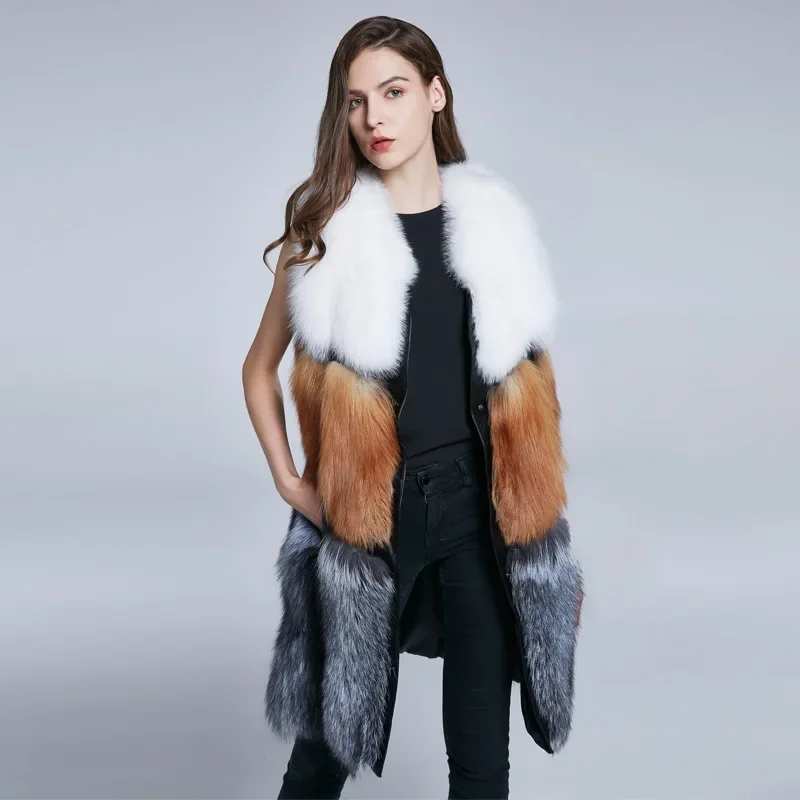 Fox Fur Long Fur Vest Coat Fashion Contrast Color Fur Coat Autumn and Winter New Trend