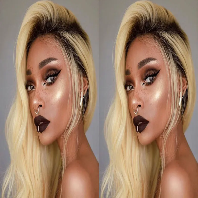 

Bombshell Pre Plucked Synthetic Lace Front Wig Glueless Black Ombre Blonde Body Wave High Quality Heat Resistant Fiber For Women