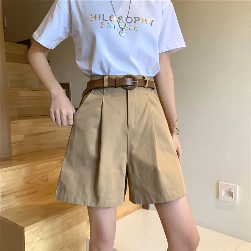 keiki kona shorts Suit Shorts Female with Belt Summer 2021 New Korean High Waist Slim Loose Straight Wide Leg Pants Women Casual Five Point Pants high waisted denim shorts