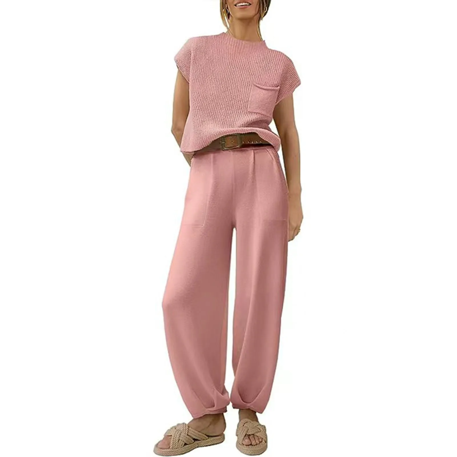 Sports Suit Women Solid Color Pocket Sleeveless Leggings Two Pieces