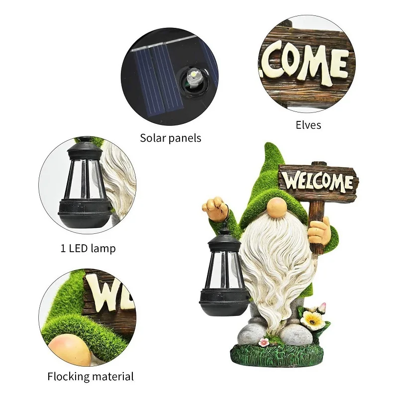 Garden Hallway Solar Elf Light Resin Crafts Garden Decoration Outdoor Flocked Dwarf Statue Decorative Lawn Light