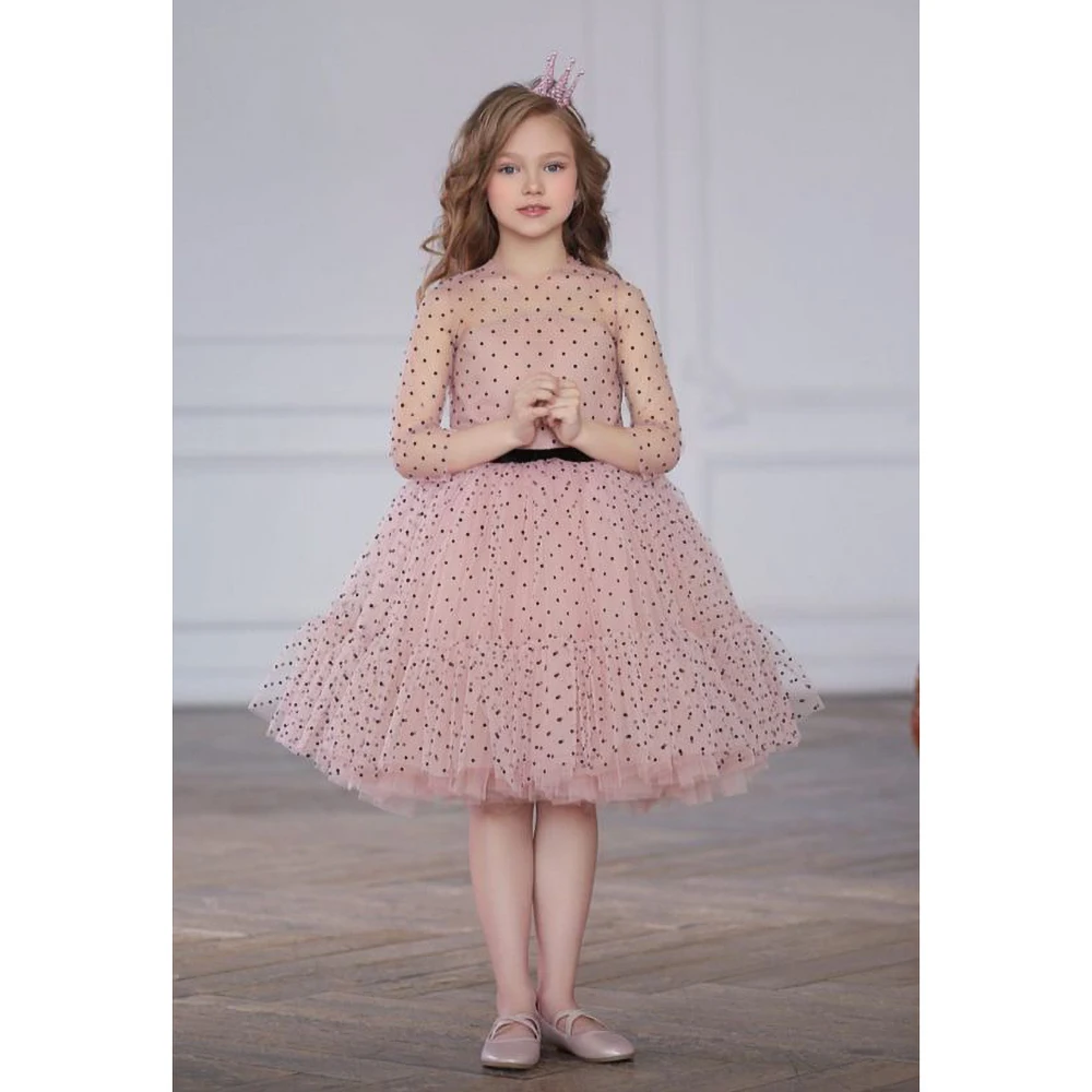 

Fashion Black Dot Knee-Length Girl Dresses with Belt Gorgeous A-Line Princess Party Gowns Causal Wedding First Communion Dresses