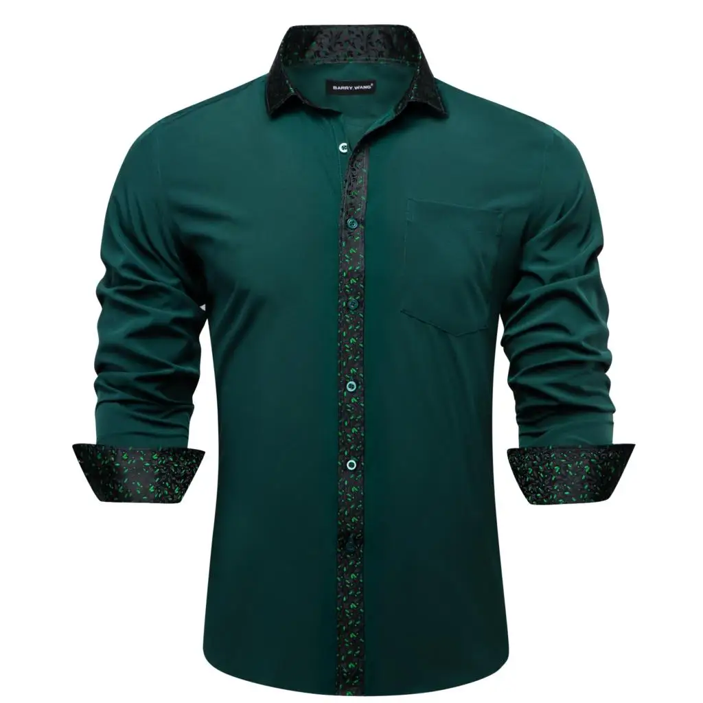 

Designer Shirts for Men Silk Green Solid Flower Patch Long Sleeve Slim Fit Male Blouses Casual Turn Down Collar Barry Wang