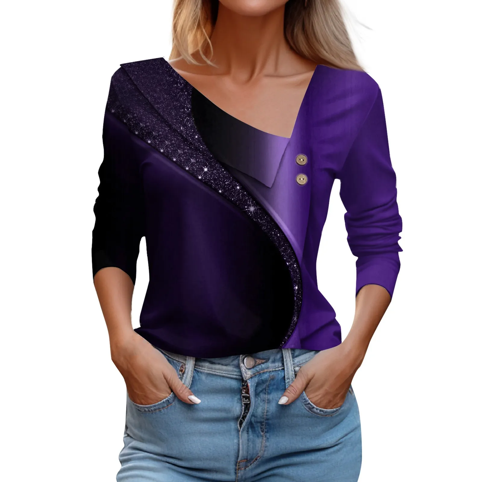 

Футболка женская с градиентным принтом, модный топ с косым воротником и длинным рукавом, повседневная облегающая офисная рубашка на пуговицах, 2024