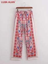 

Women Placement Print Satin Wide Leg Pants Summer Casual Lady Elastic Waist Loose Trousers LUJIA ALAN P2618