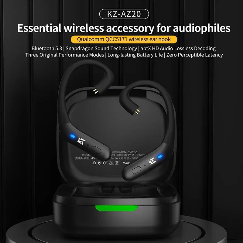 KZ AZ20 무선 업그레이드 이어 후크 케이블 C 핀, 블루투스 호환 5.3 스냅드래곤 사운드 기술, aptX HD 오디오 AS24,