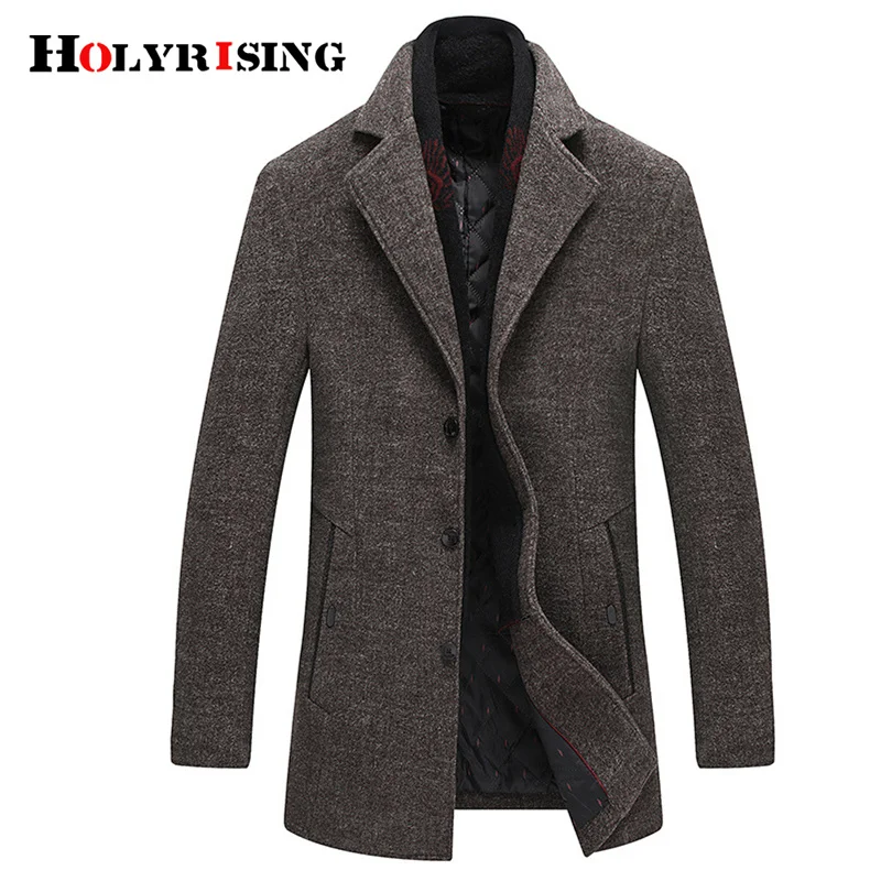 Holyrising Men Wool Coats Turn Collar Woolen Outerwear Warm Business Medium Overcoat Comfortbale Topcoats With Scarf 19008-5