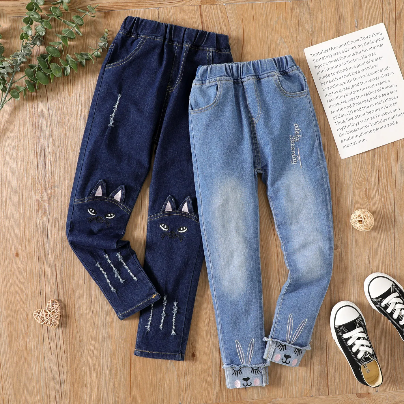 Girls Pants Girls Trousers Kids Pants PatPat Casual Jeans For Girl Kids Cute Cat Design Spring and Autumn