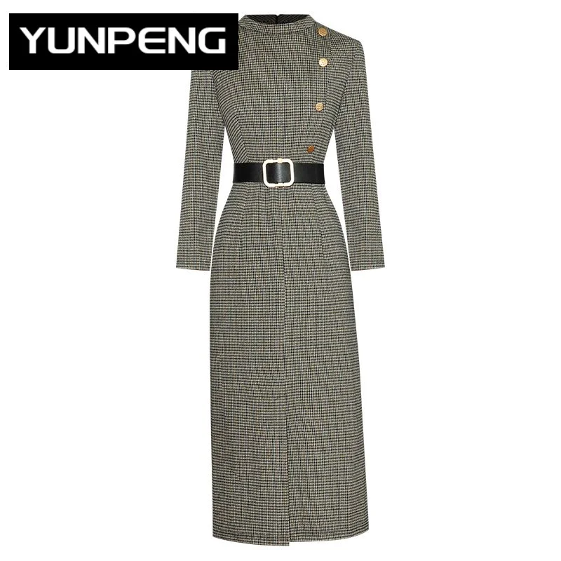 

Dresses For Women 2023 Elegant High Quality Spring Pencil O-neck Long Sleeve Buttons Belt Plaid Print Package Buttocks Dress