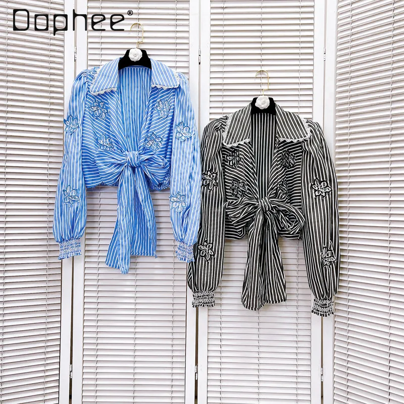 Ladies Strap Blue Striped Shirts 2024 Spring New Casual Women's Three-Dimensional Flower Patch Cross Long Sleeve Lapel Short Top