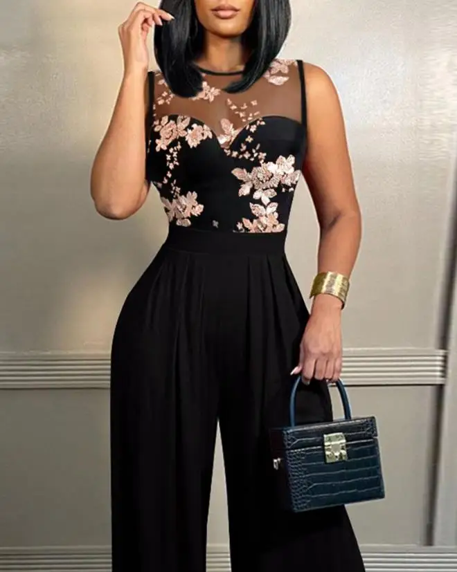 Sexy Party Wedding Guest Jumpsuit for Women Summer 2023 Fashion Contrast Sequin Floral Pattern Sleeveless Wide Leg Long Jumpsuit