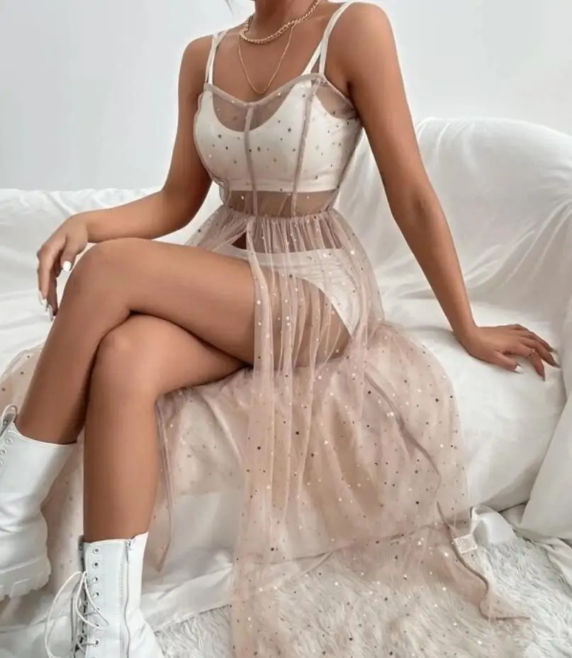 Yiiciovy Sexy Women's Beach Cover Up Dress Sleeveless Square Neck Beach Holiday Sequined Split Midi Beachwear Smock Dresses 6