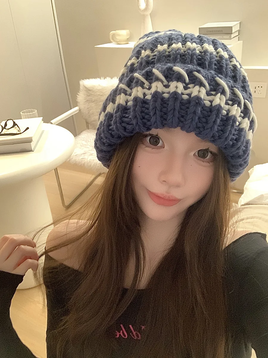 Gebreide beanie muts dames gestreept dik winter warm retro stijl_voghion.com